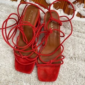 Red alohas lace up heels/sandals